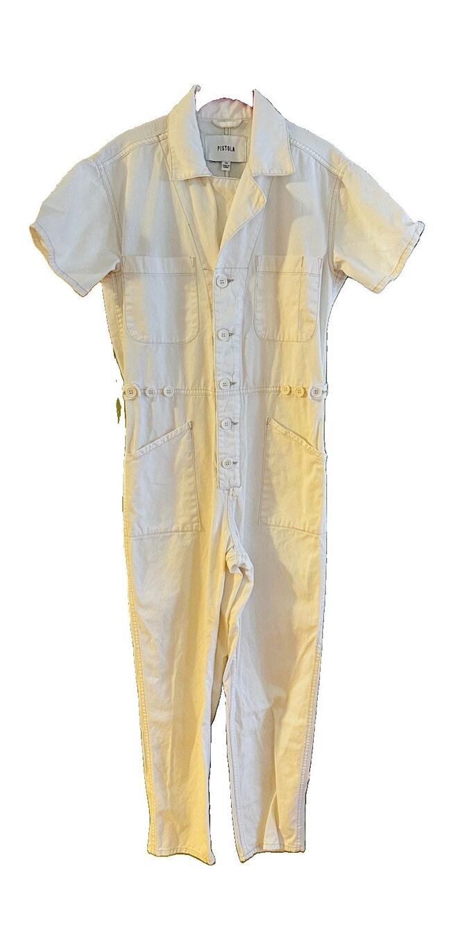 Pistola Ivory Denim Short Sleeve Snap Front Fitted Wide Leg Jumpsuit Womens XS